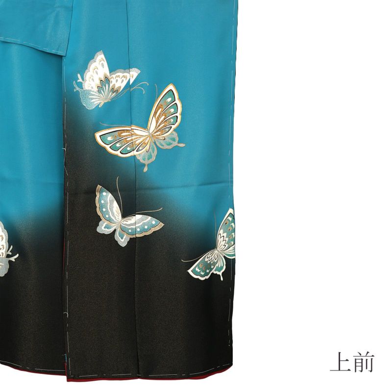 未仕立て 振袖 単品「浅葱色 蝶」日本製 仮絵羽 振り袖 正絹