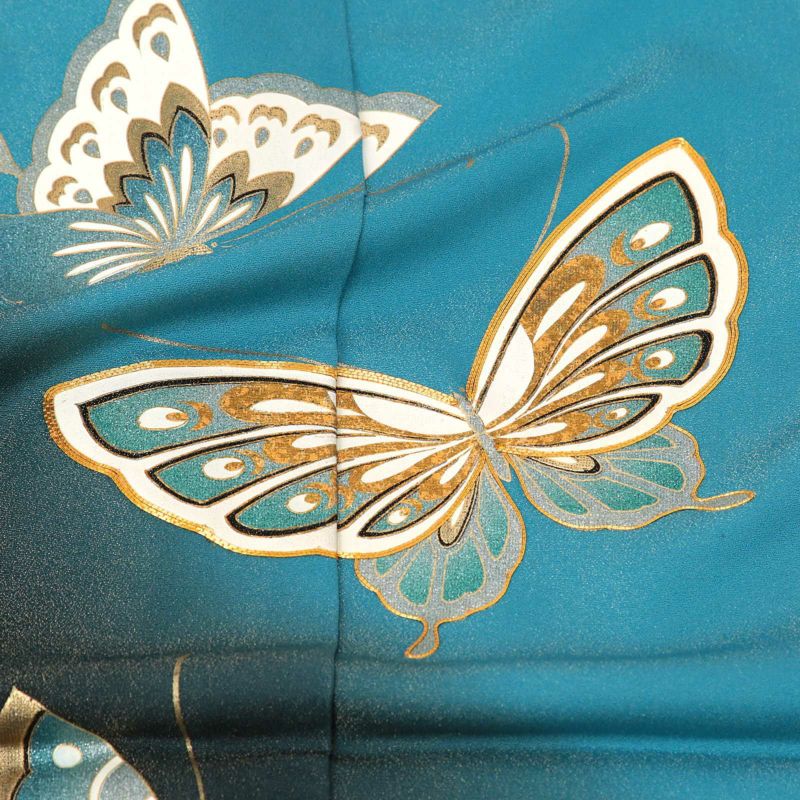 未仕立て 振袖 単品「浅葱色 蝶」日本製 仮絵羽 振り袖 正絹 着物 
