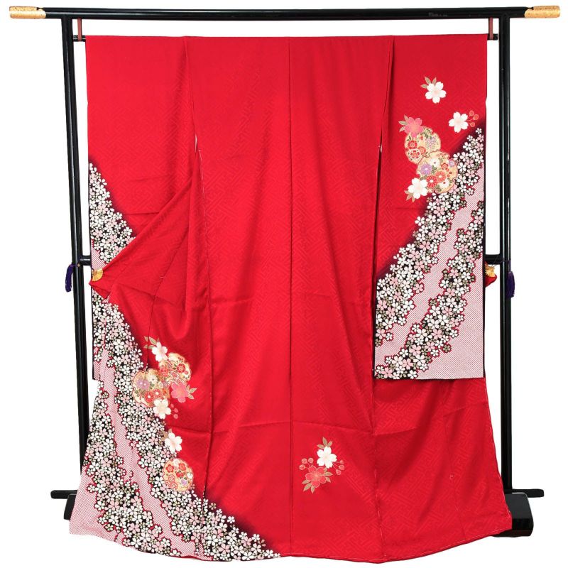 未仕立て 振袖 単品「赤　桜に雪輪」日本製 仮絵羽 振り袖 正絹 着物 レディース 成人式 結婚式 結納 パーティー 晴れ着