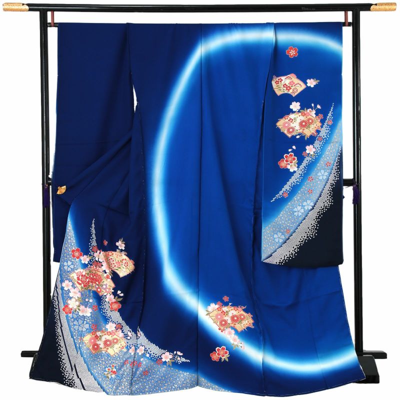 未仕立て 振袖 単品「瑠璃紺色　地紙に四季花文様」日本製 仮絵羽 振り袖 正絹 着物 レディース 成人式 結婚式 結納 パーティー 晴れ着