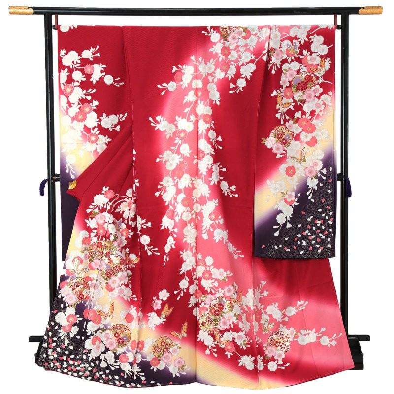 未仕立て 振袖 単品「赤　枝垂桜に蝶、雪輪」日本製 仮絵羽 振り袖 正絹 着物 レディース 成人式 結婚式 結納 パーティー 晴れ着