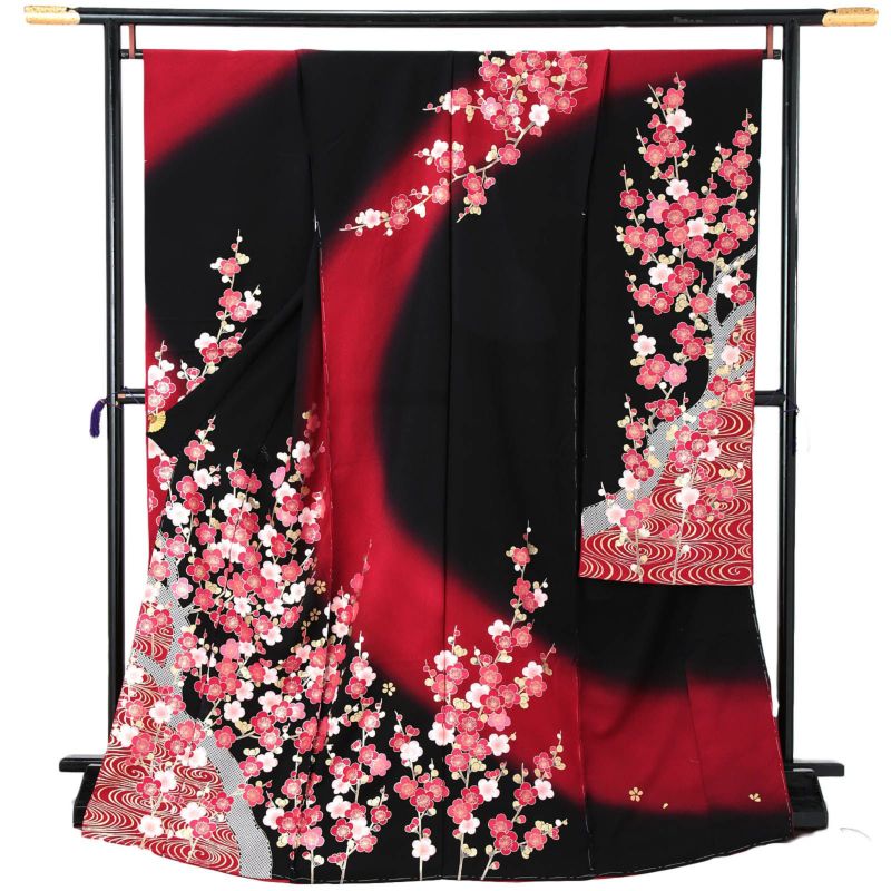 未仕立て 振袖 単品「黒×赤　梅林に観世水」日本製 仮絵羽 振り袖 正絹 着物 レディース 成人式 結婚式 結納 パーティー 晴れ着