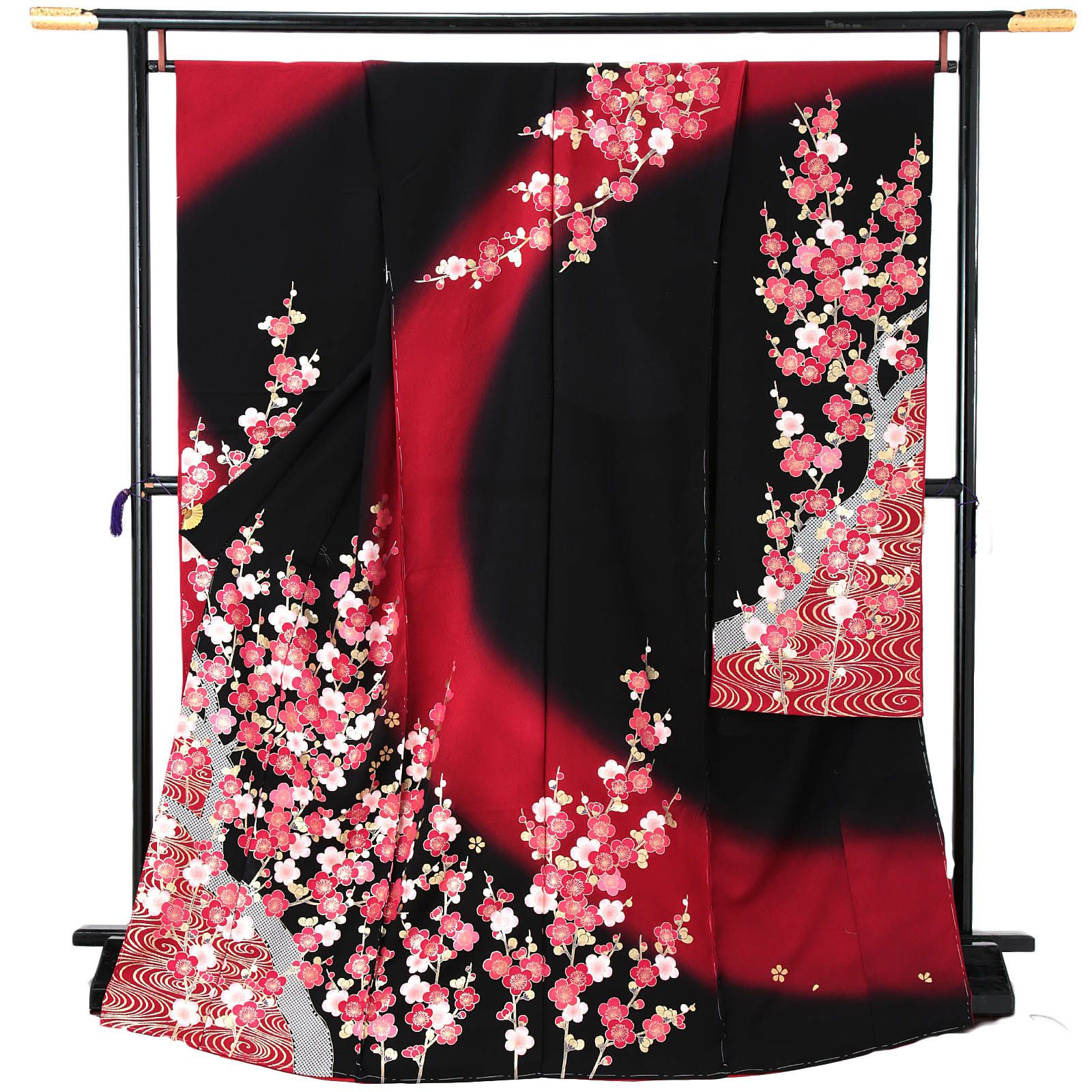 未仕立て 振袖 単品「黒×赤 梅林に観世水」日本製 仮絵羽 振り袖 正絹