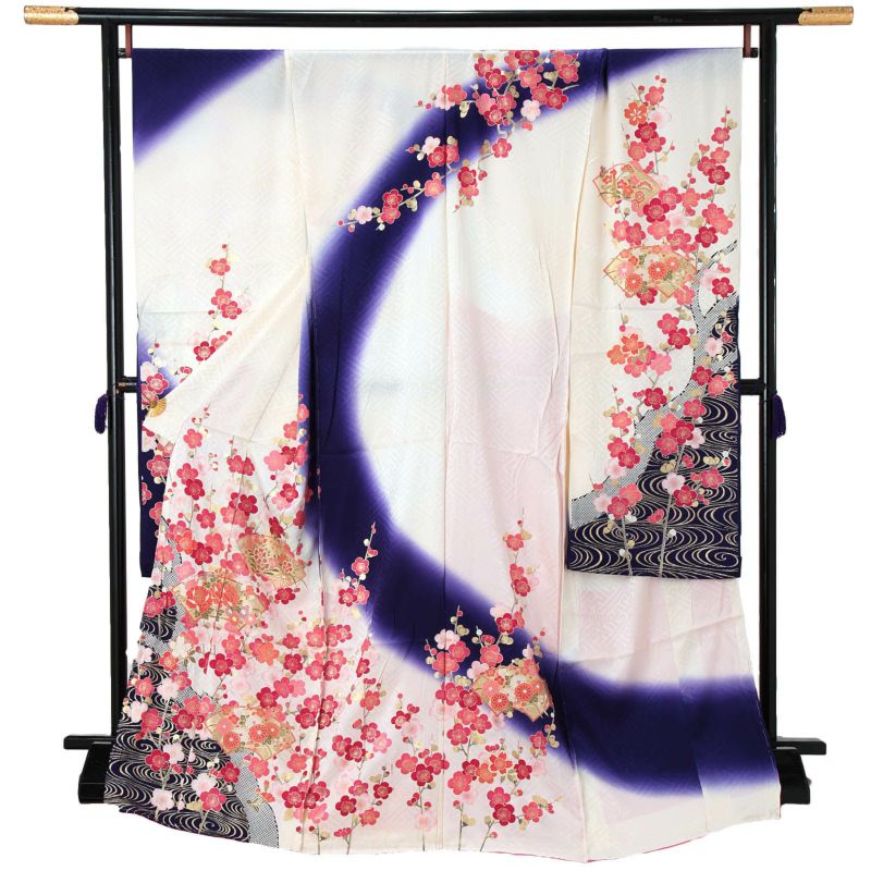 未仕立て 振袖 単品「象牙色×青紫　梅林に地紙文」日本製 仮絵羽 振り袖 正絹 着物 レディース 成人式 結婚式 結納 パーティー 晴れ着