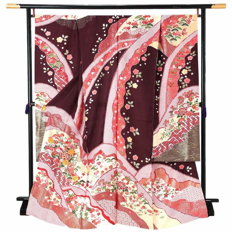 未仕立て 振袖 単品「葡萄茶色　遠山に吉祥草花」日本製 仮絵羽 振り袖 正絹 着物 レディース 成人式 結婚式 結納 パーティー 晴れ着