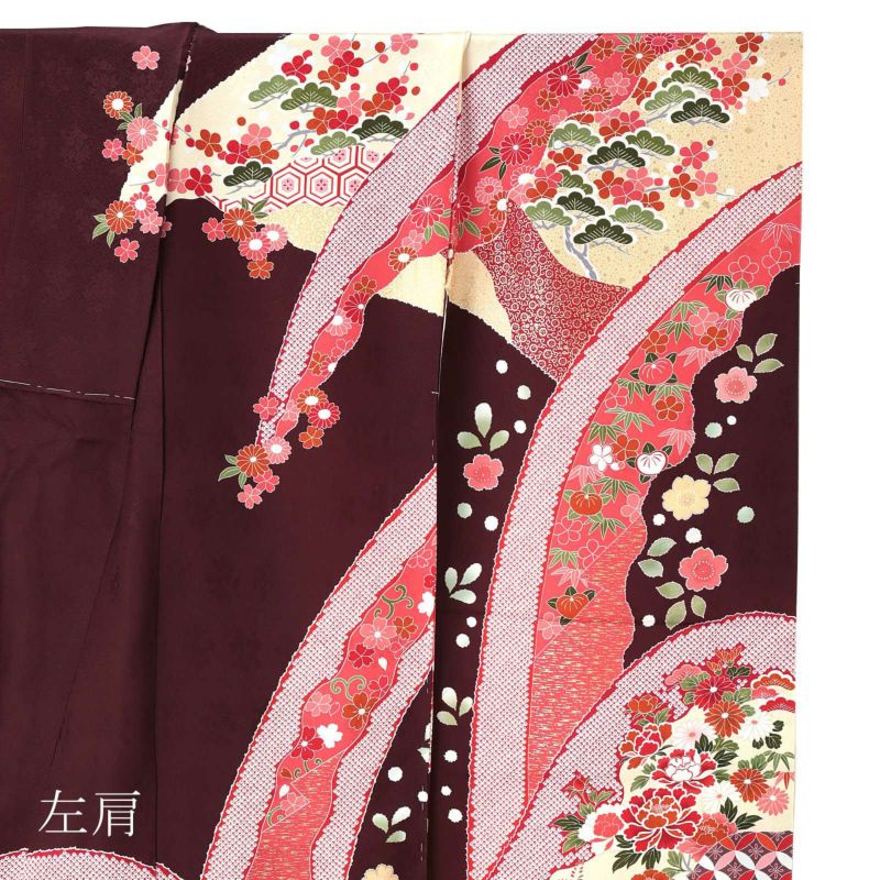 未仕立て 振袖 単品「葡萄茶色 遠山に吉祥草花」日本製 仮絵羽