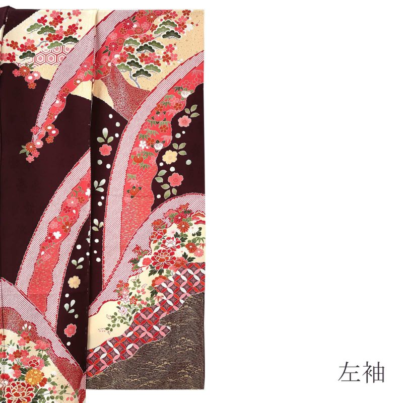 未仕立て 振袖 単品「葡萄茶色 遠山に吉祥草花」日本製 仮絵羽