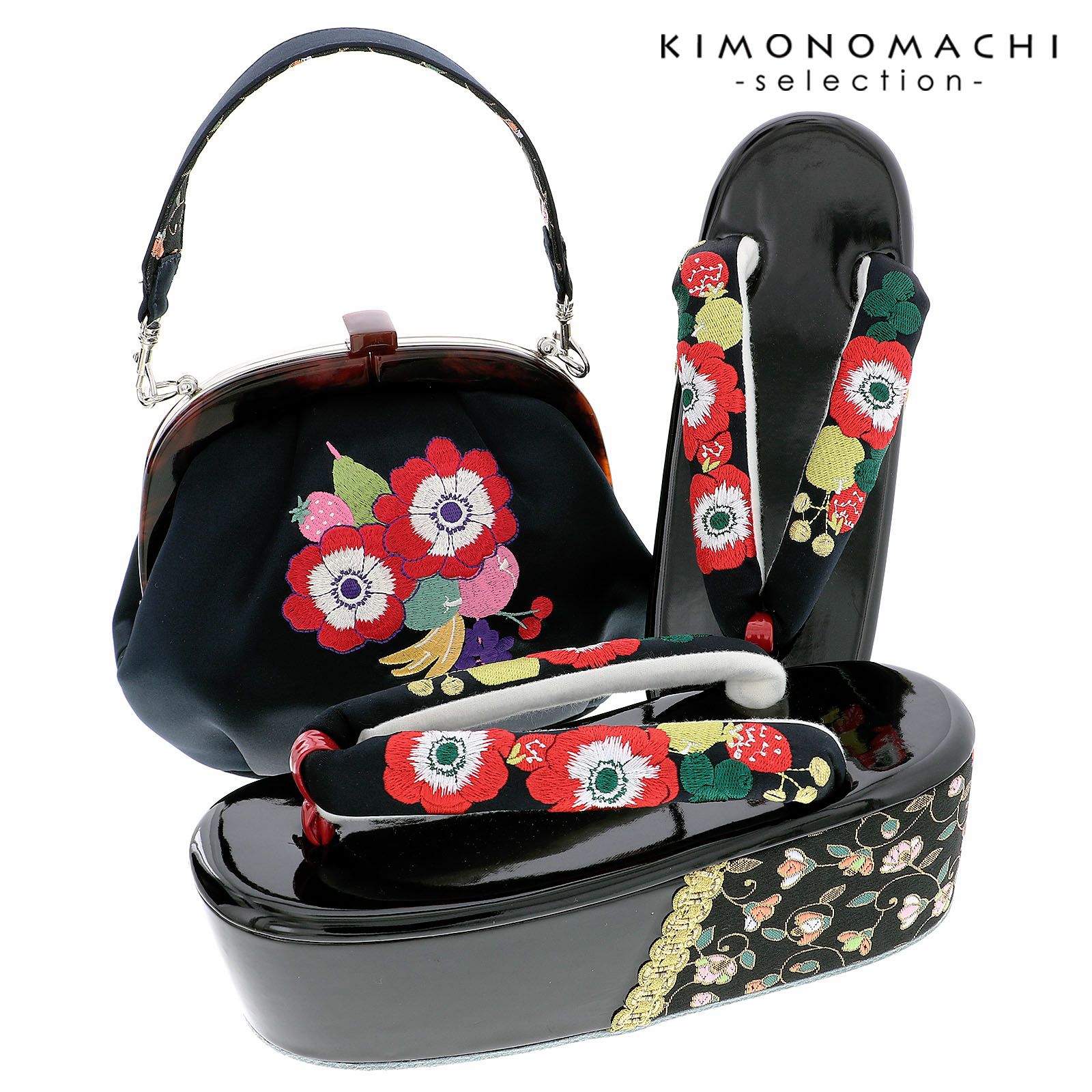 振袖 草履バッグセット「アネモネ、フルーツ ブラックネイビー」Fサイズ 振袖草履バッグ 振袖バッグ 振袖草履 成人式【メール便不可】 振袖 草履バッグセット「アネモネ、フルーツ ブラックネイビー」F