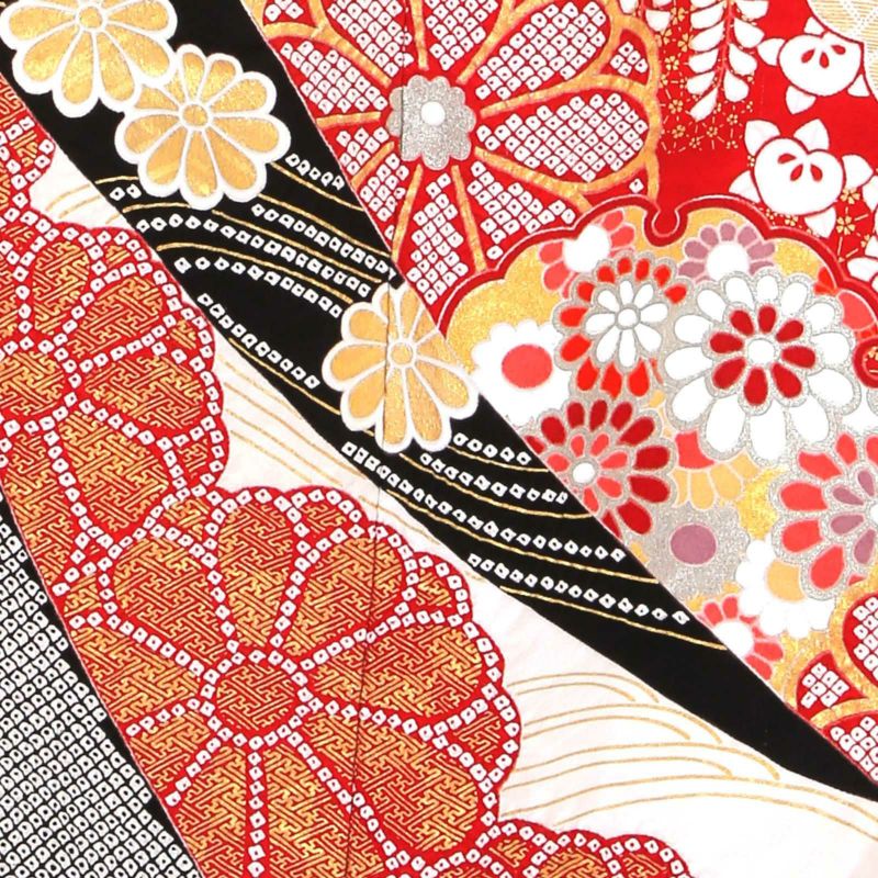 未仕立て 振袖 単品「象牙色地 熨斗取りに菊」日本製 仮絵羽