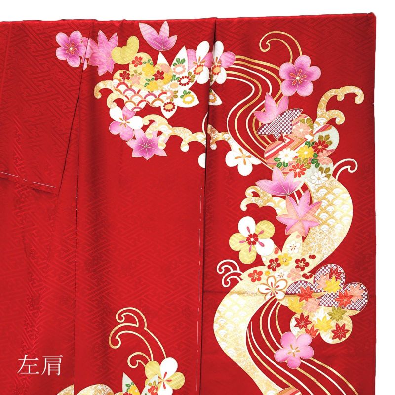 卒業式振袖セット 桜の型染めが可愛いお振袖 赤振袖 えんじ色 正絹縮緬 