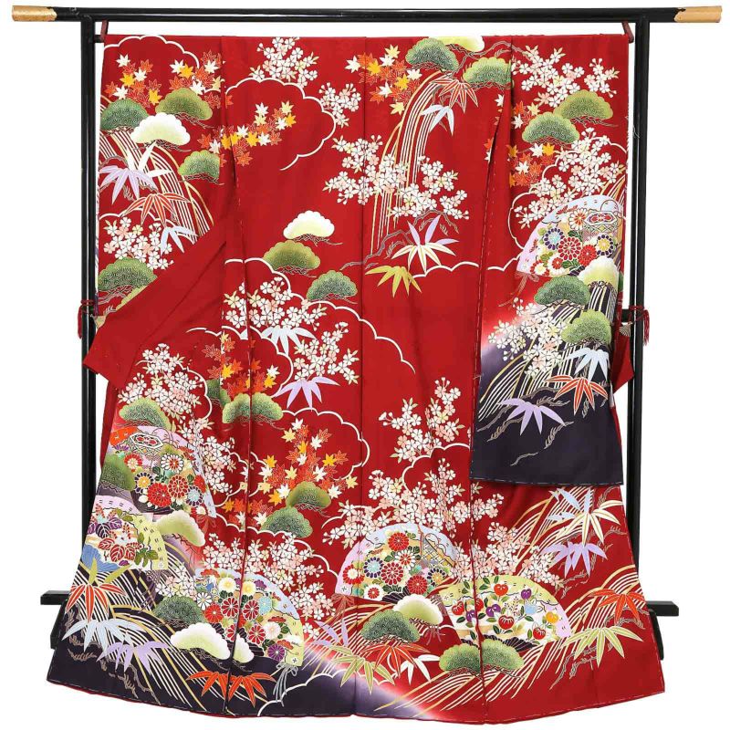 未仕立て 振袖 単品「濃紅　流水に松、檜扇」日本製 仮絵羽 振り袖 正絹 着物 レディース 成人式 結婚式 結納 パーティー 晴れ着