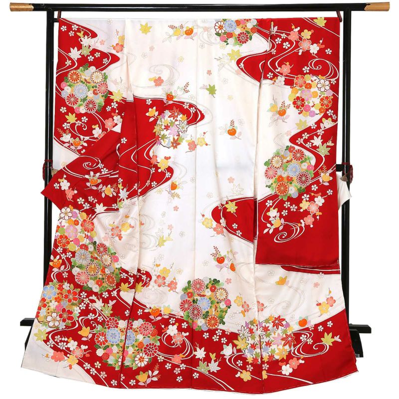 未仕立て 振袖 単品「白地、赤　流水に花の丸」日本製 仮絵羽 振り袖 正絹 着物 レディース 成人式 結婚式 結納 パーティー 晴れ着