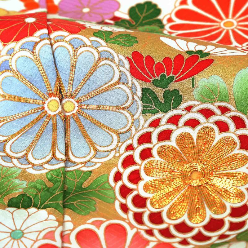 未仕立て 振袖 単品「白地、赤 流水に花の丸」日本製 仮絵羽