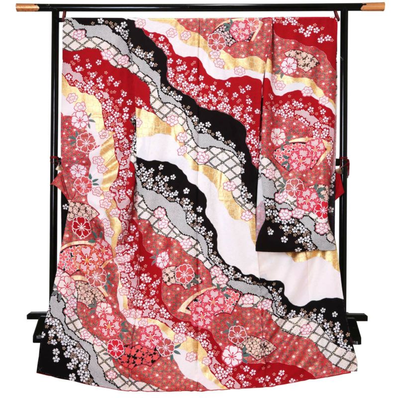 未仕立て 振袖 単品「赤×白×黒　道長取りに地紙、花紋」日本製 仮絵羽 振り袖 正絹 着物 レディース 成人式 結婚式 結納 パーティー 晴れ着