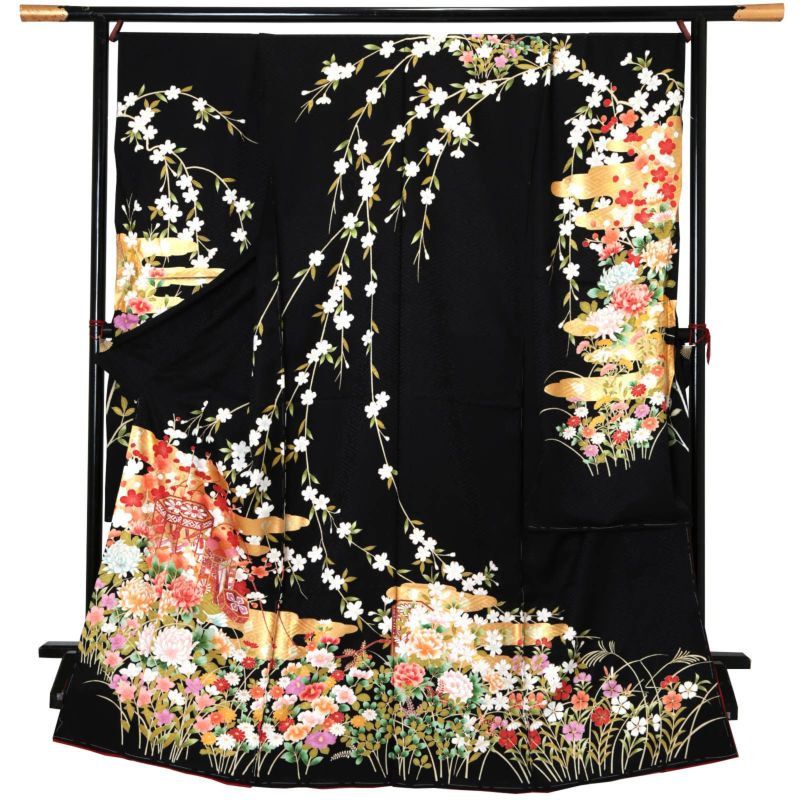 未仕立て 振袖 単品「黒地　霞に四季花、貝桶」日本製 仮絵羽 振り袖 正絹 着物 レディース 成人式 結婚式 結納 パーティー 晴れ着