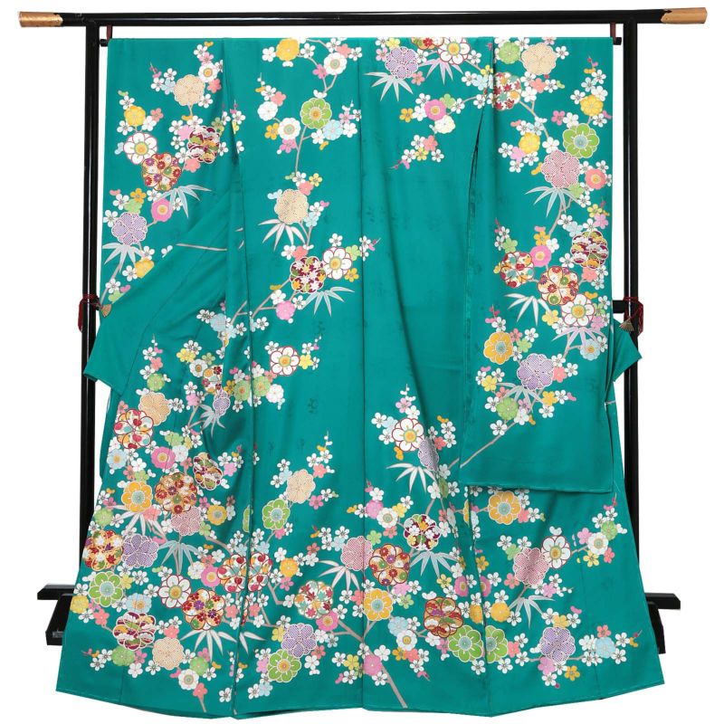 未仕立て 振袖 単品「青緑　八重梅に竹」日本製 仮絵羽 振り袖 正絹 着物 レディース 成人式 結婚式 結納 パーティー 晴れ着