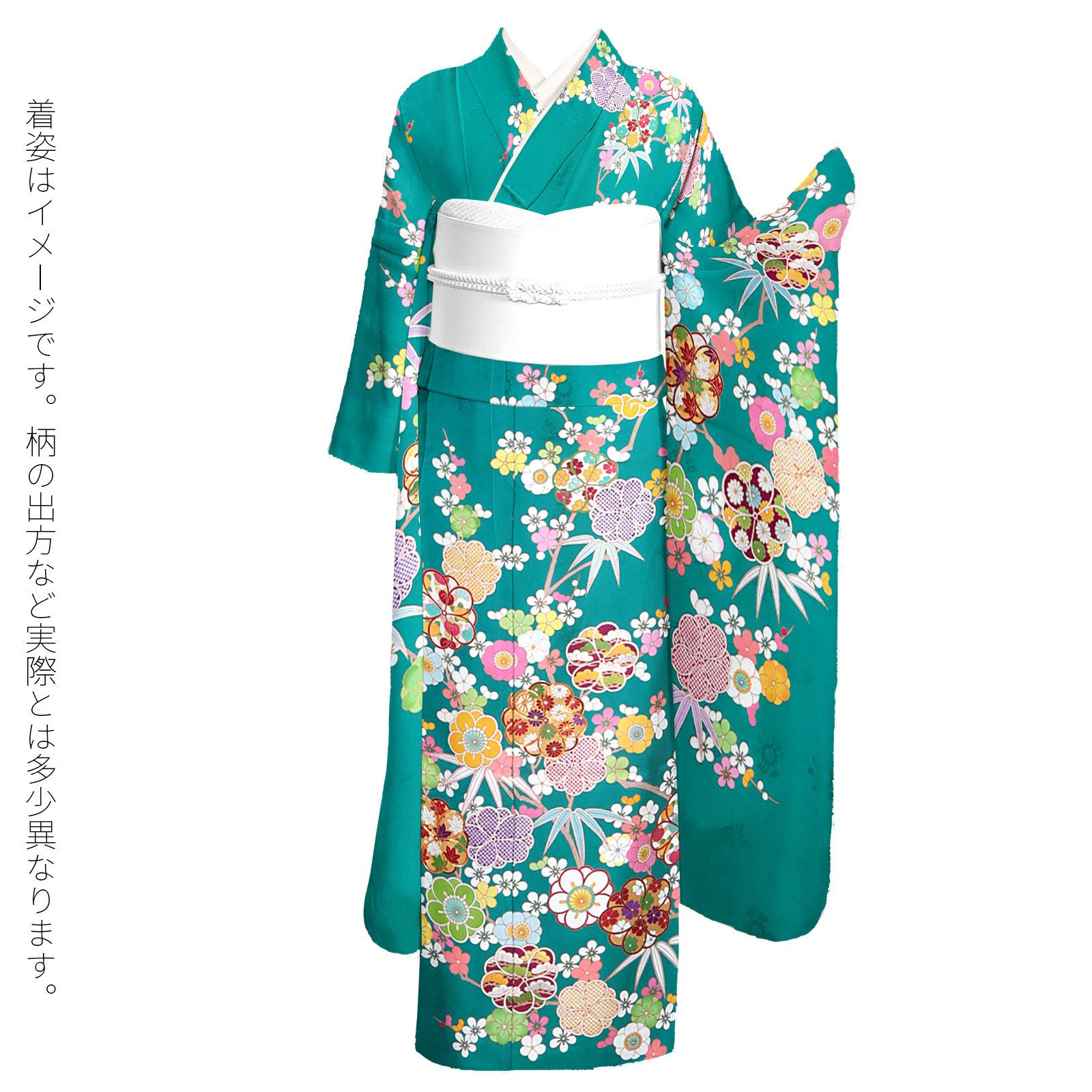 未仕立て 振袖 単品「青緑 八重梅に竹」日本製 仮絵羽 振り袖 正絹 