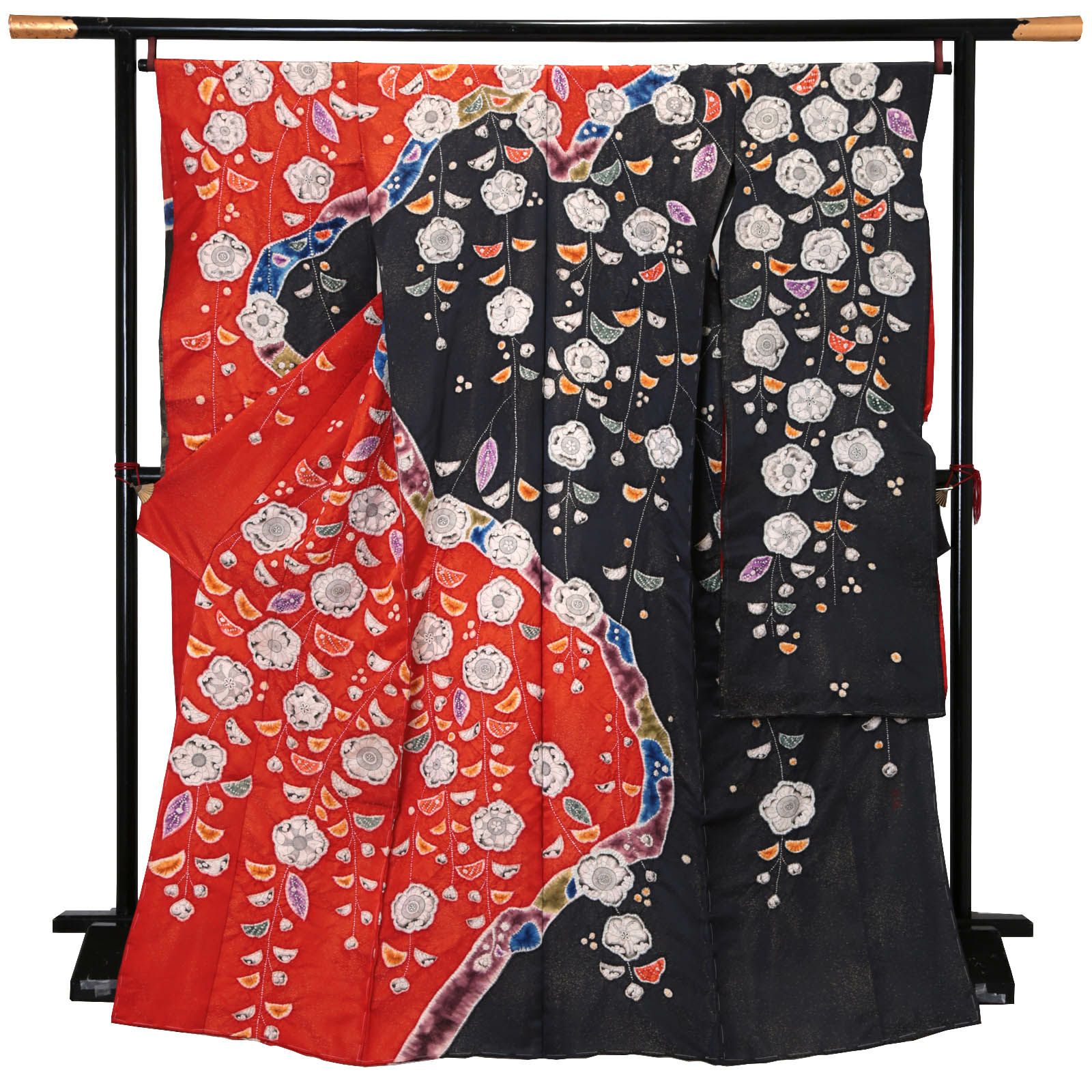 シックな梅花模様 青色 黒色 シルエット 金彩 袷 正絹 成人式 忙しない  