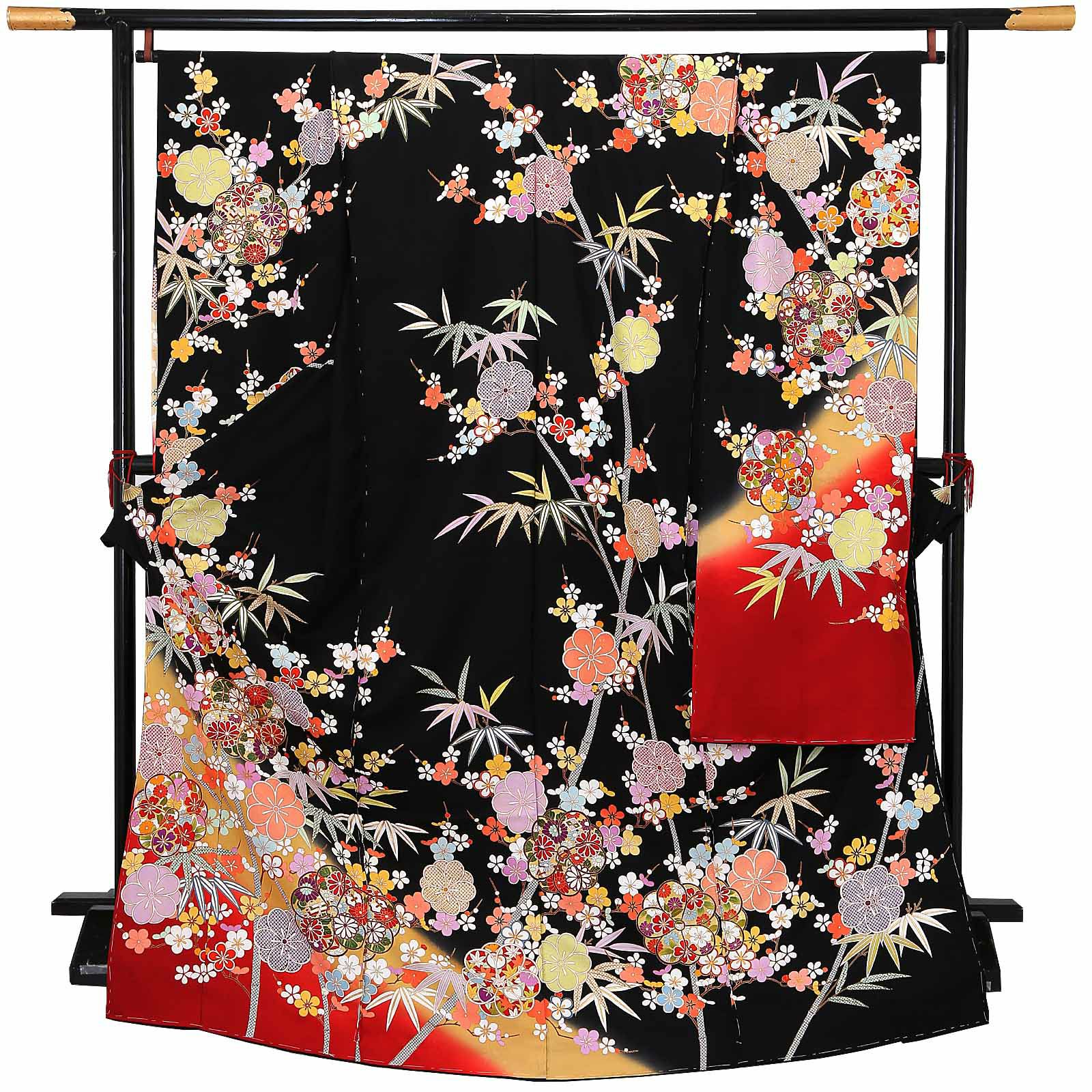 未仕立て 振袖 単品「黒地　八重梅に竹」日本製 仮絵羽 振り袖 正絹 着物 レディース 成人式 結婚式 結納 パーティー 晴れ着