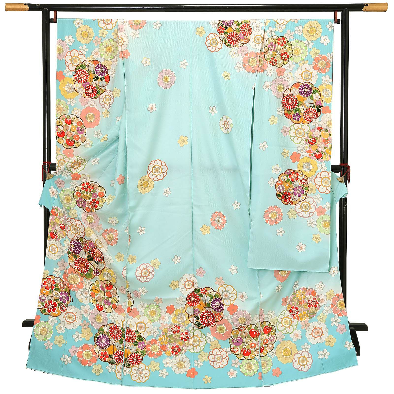 未仕立て 振袖 単品「水色 八重梅」日本製 仮絵羽 振り袖 正絹 着物 