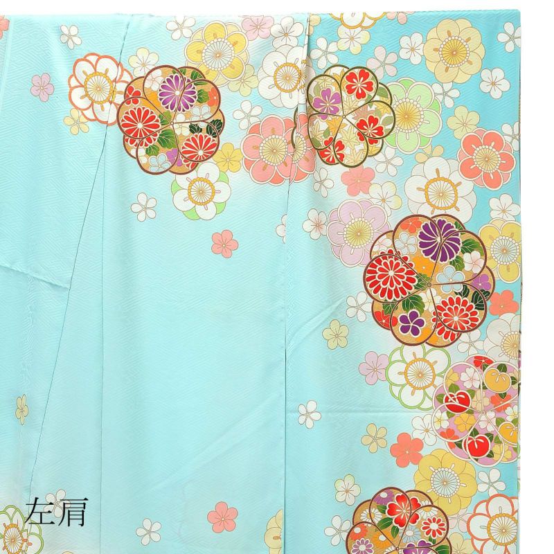 【上品】 未仕立て 正絹 振り袖 仮絵羽 八重梅」日本製 単品「水色 振袖 着物・浴衣