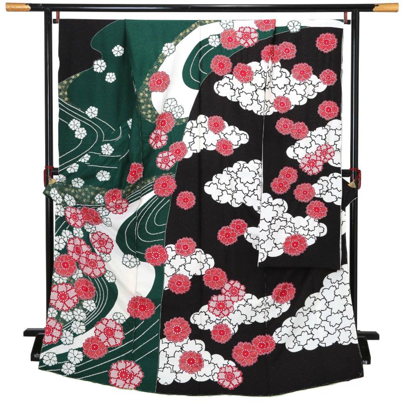 未仕立て 振袖 単品「深緑色　花紋に流水、雲」日本製 仮絵羽 振り袖 正絹 着物 レディース 成人式 結婚式 結納 パーティー 晴れ着