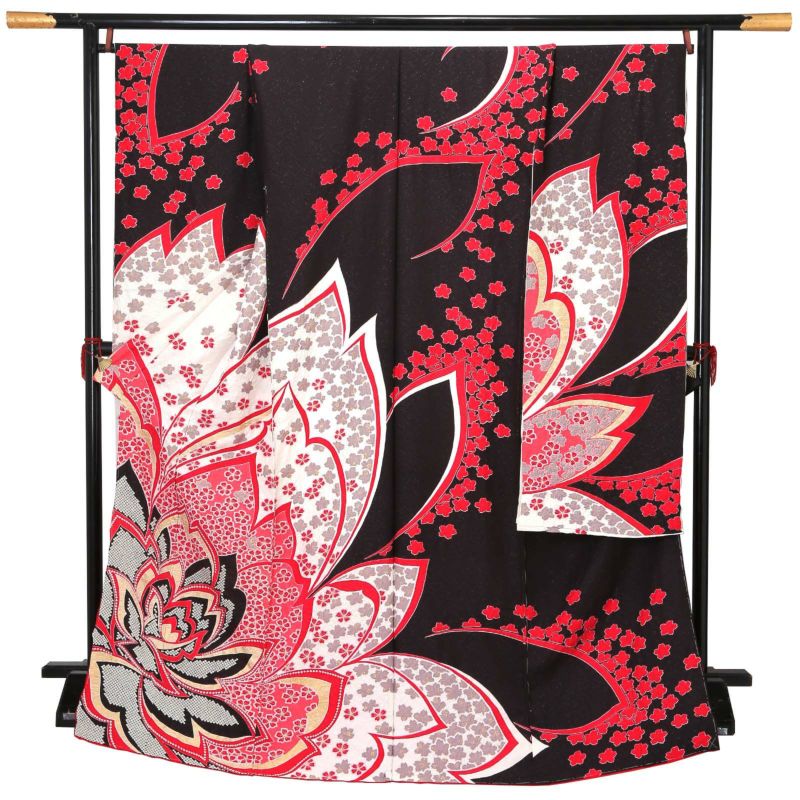 未仕立て 振袖 単品「憲法黒　花」日本製 仮絵羽 振り袖 正絹 着物 レディース 成人式 結婚式 結納 パーティー 晴れ着