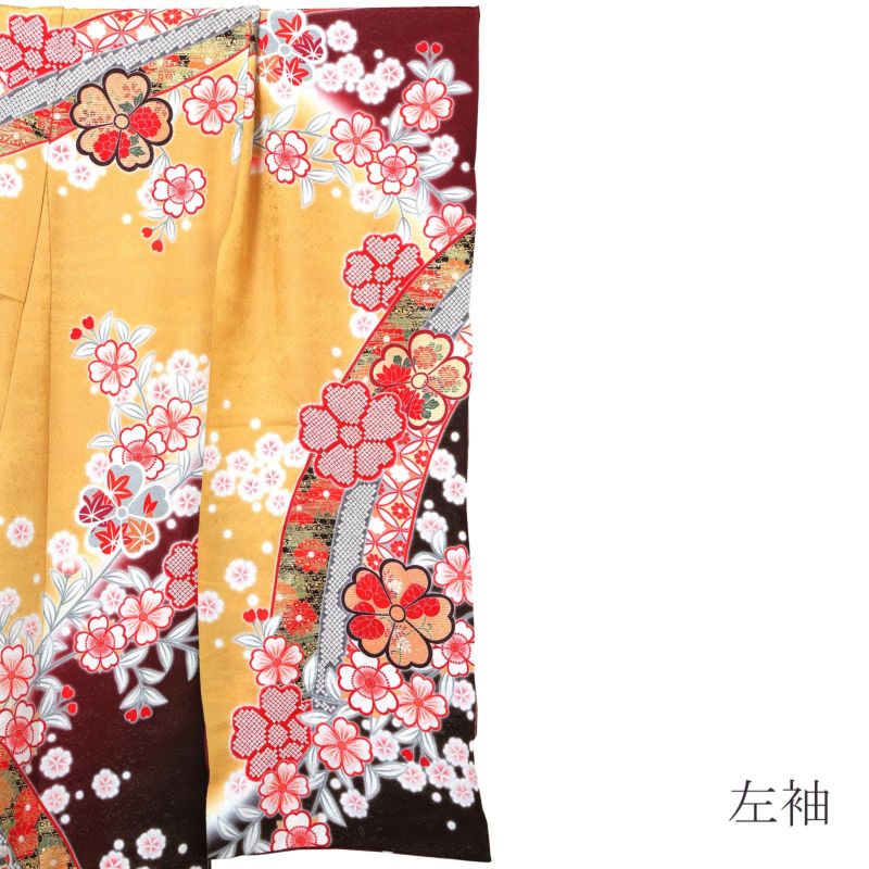 未仕立て 振袖 単品「芥子色×えび茶色 熨斗に枝桜」日本製 仮絵羽