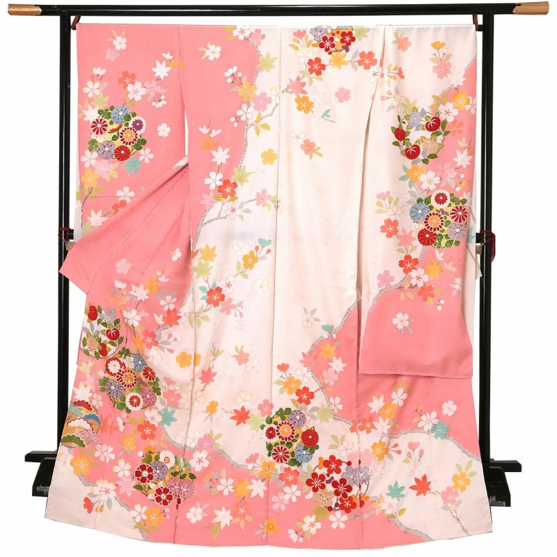 未仕立て 振袖 単品「白地、桃色　枝桜に花の丸」日本製 仮絵羽 振り袖 正絹 着物 レディース 成人式 結婚式 結納 パーティー 晴れ着