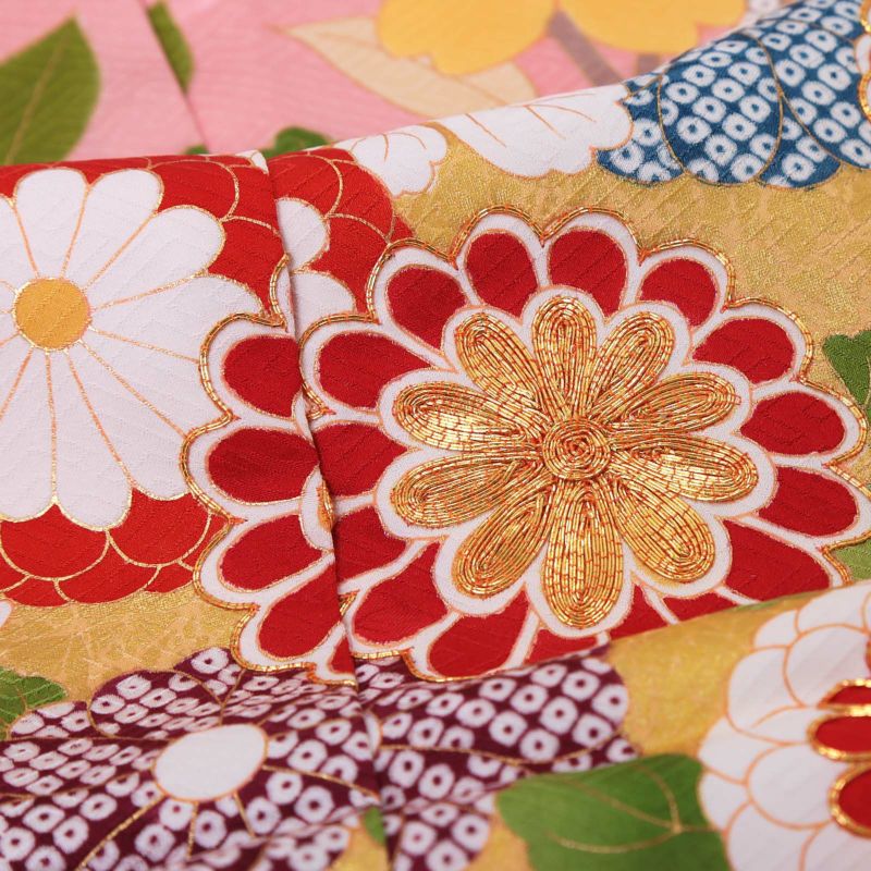 未仕立て 振袖 単品「白地、桃色 枝桜に花の丸」日本製 仮絵羽