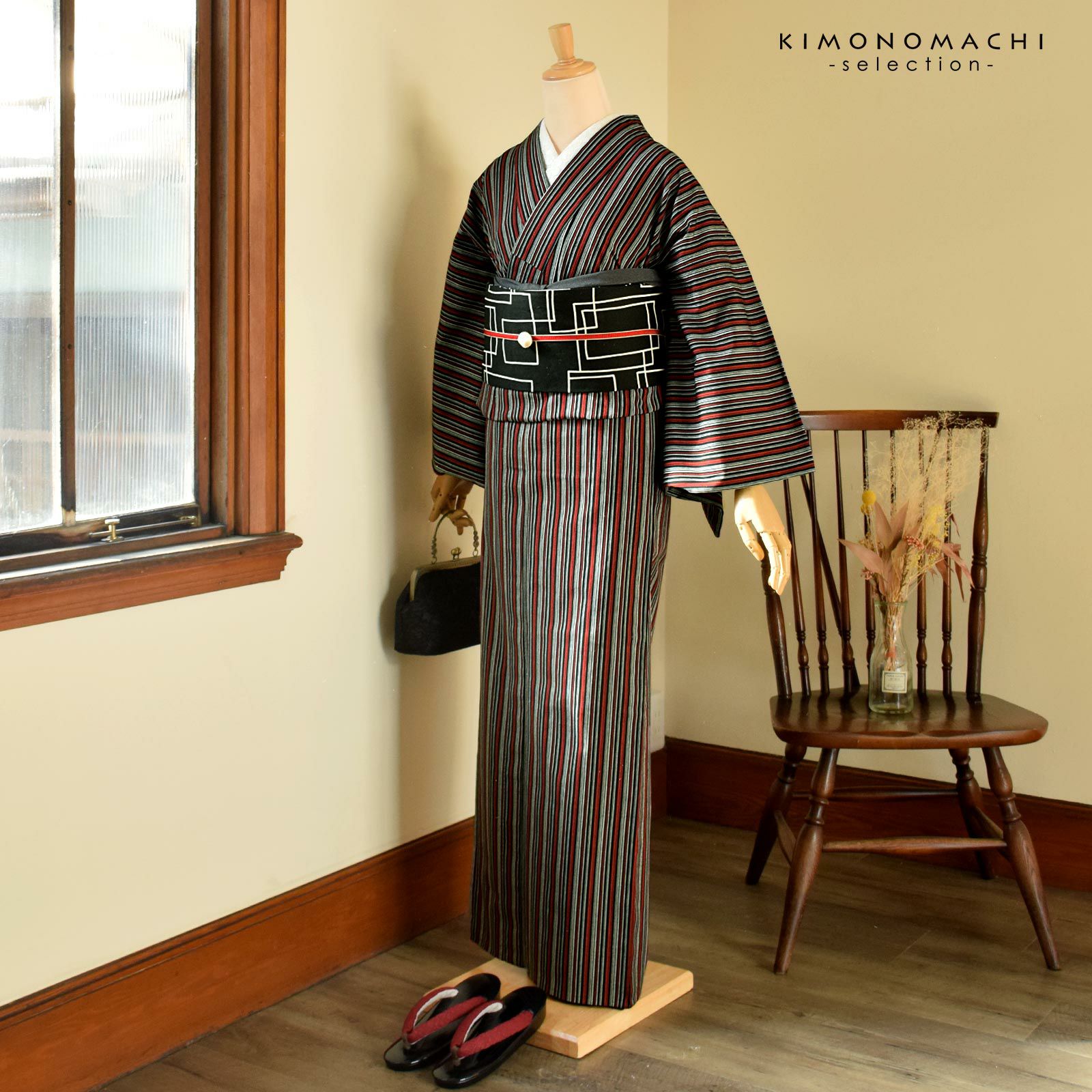 京都ミミズクヤお仕立て　ボタニカルな木綿着物　単衣　バチ衿　黒白 京都ミミズクヤお仕立て ボタニカルな木綿着物 単衣 バチ衿 黒白 京都