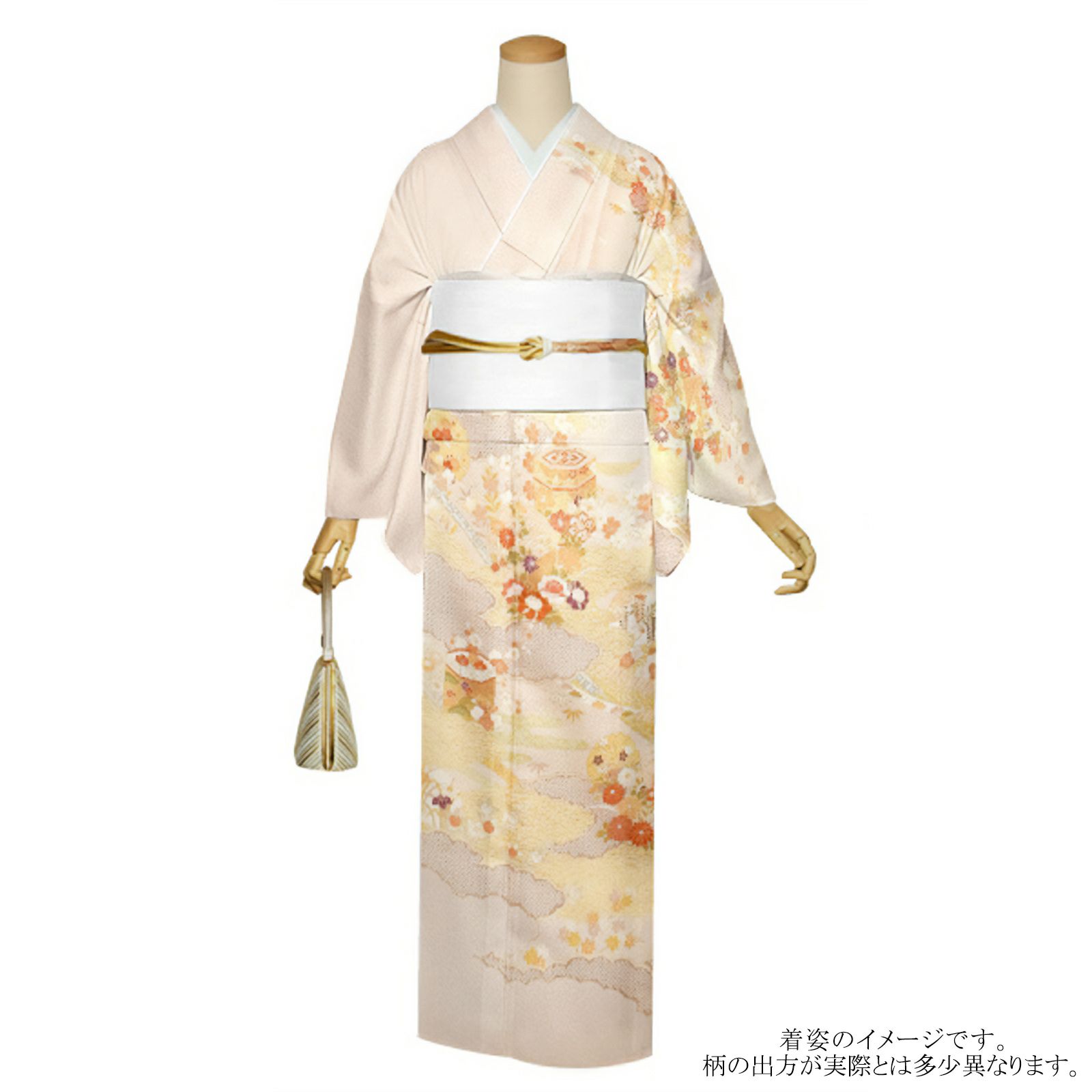 訪問着 お仕立て上がり 単品「桜色×象牙色 雲に牡丹、貝桶」正絹着物 