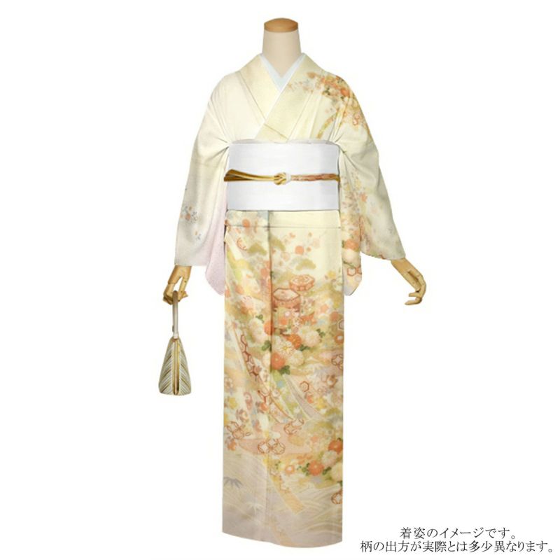 訪問着 お仕立て上がり 単品「灰桜色×象牙色 蔓帯に菊、貝桶」正絹着物 礼装 正絹 訪問着 結婚式 パーティー 祝賀会 袷 プレタ 仕立てあがり