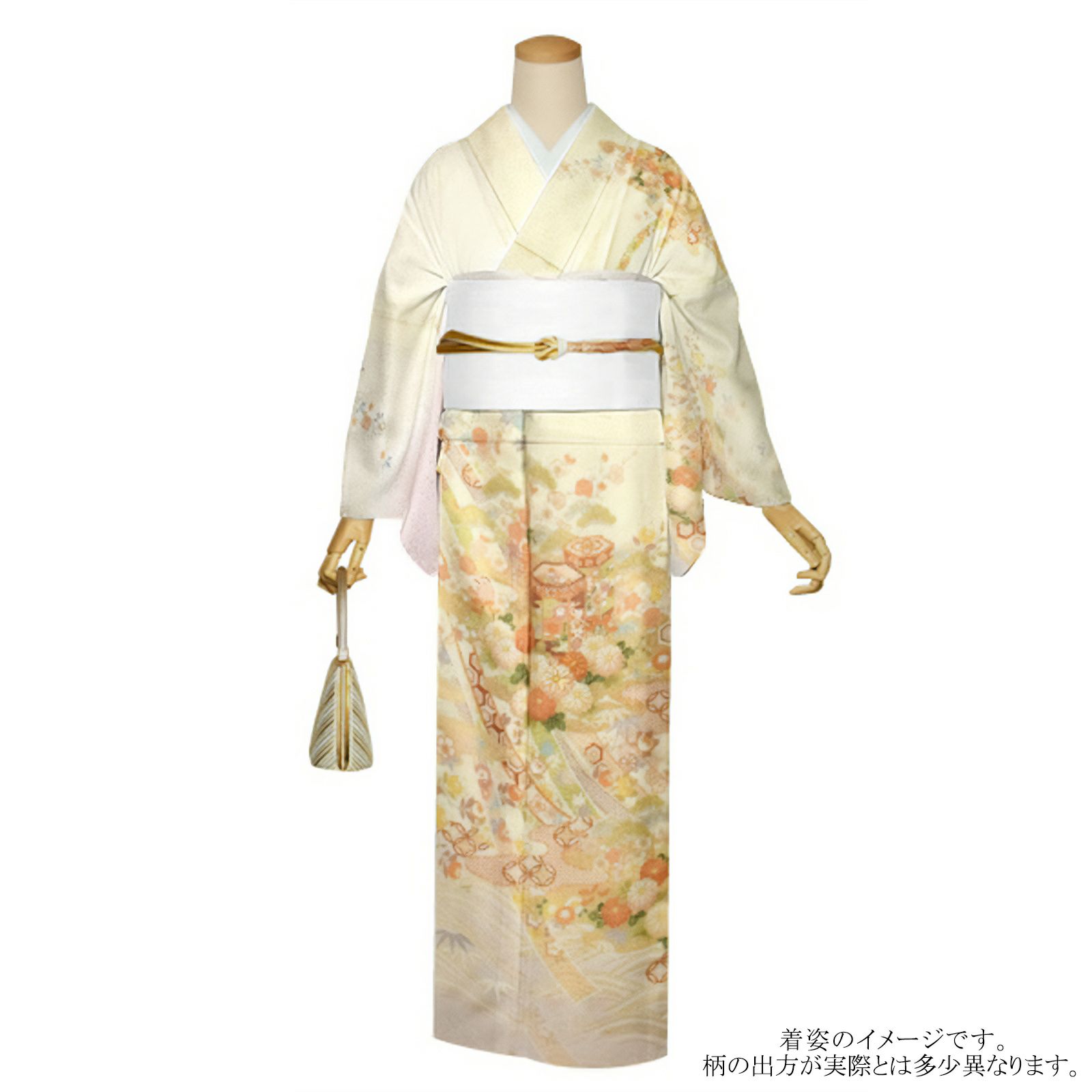 訪問着 お仕立て上がり 単品「灰桜色×象牙色 蔓帯に菊、貝桶」正絹着物 