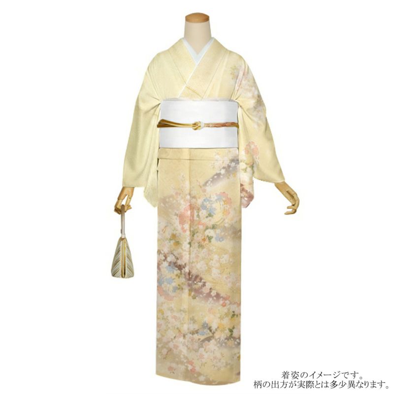 訪問着 お仕立て上がり 単品「鳥の子色 遠山に雪輪、簪に四季花文様」正絹着物 礼装 正絹 訪問着 結婚式 パーティー 祝賀会 袷 プレタ 仕立てあがり