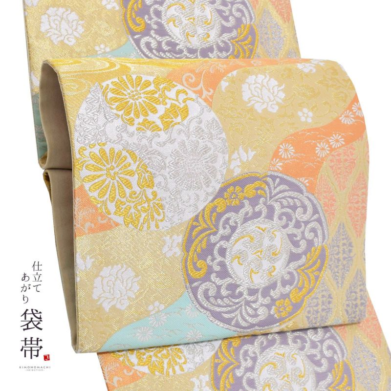 礼装向け 袋帯 単品 お仕立て上がり「ゴールド　道長取り、鏡に鳳凰、唐草」フォーマル 全通柄 ポリエステル帯 日本製 訪問着 留袖