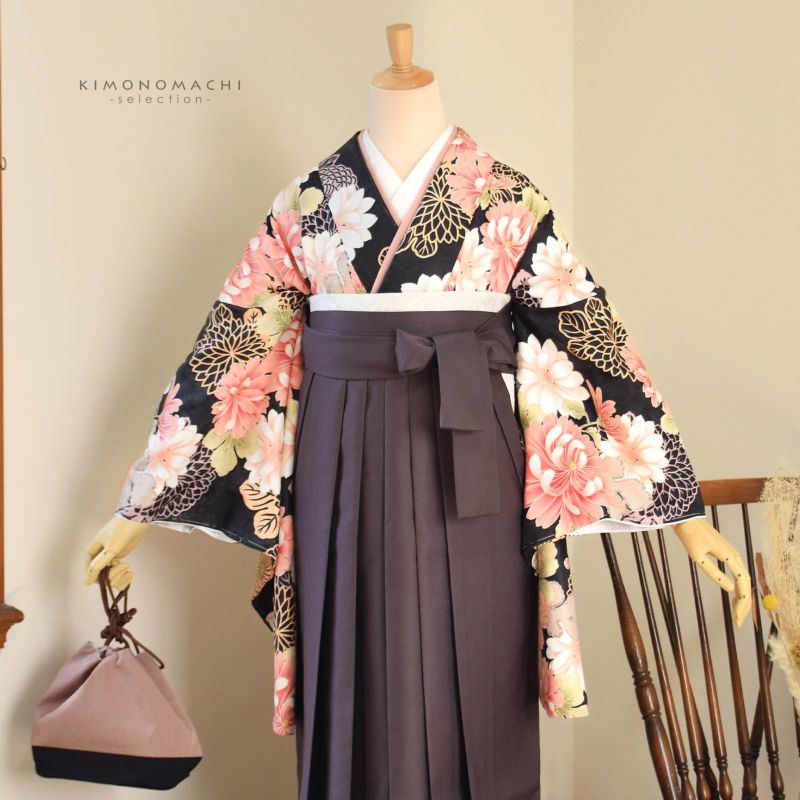 卒業式 袴4点セット 赤地に黒ぼかし菊と藤19-hakama-018-4set