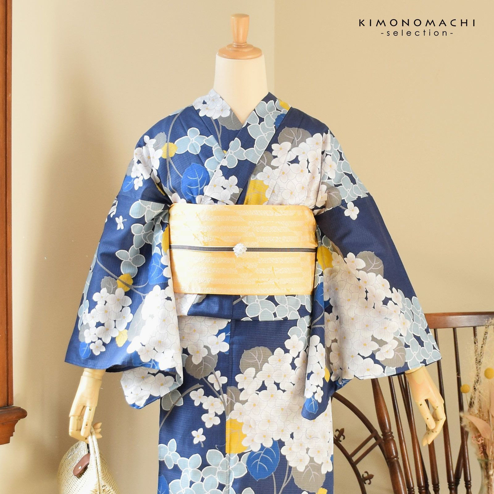 ブランド浴衣セット 浴衣と半幅帯の2点セット 「浴衣 あじさい 紺＋