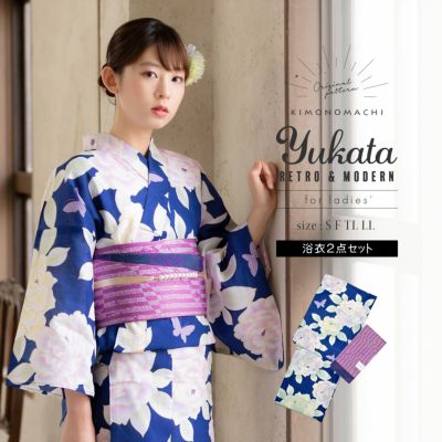 【Prices down】浴衣 レディース 浴衣と帯の2点セット 「浴衣 ブルー 薔薇＋半幅帯 水面（みなも）若紫」 女性浴衣 半幅帯 小袋帯 ゆかた 京都きもの町オリジナル 【メール便不可】SS2312ykl25