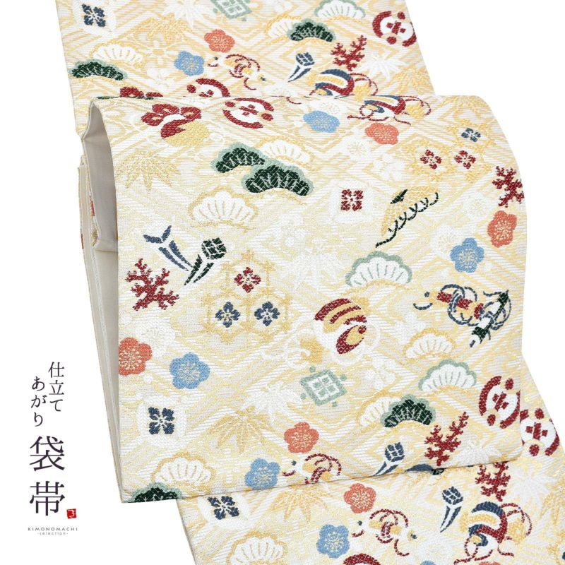 袋帯 礼装用袋帯 単品 ブランド帯 JAPAN STYLE ジャパンスタイル お仕立て上がり「生成り色　花菱に宝尽くし」フォーマル 六通柄 正絹帯 日本製 訪問着 留袖