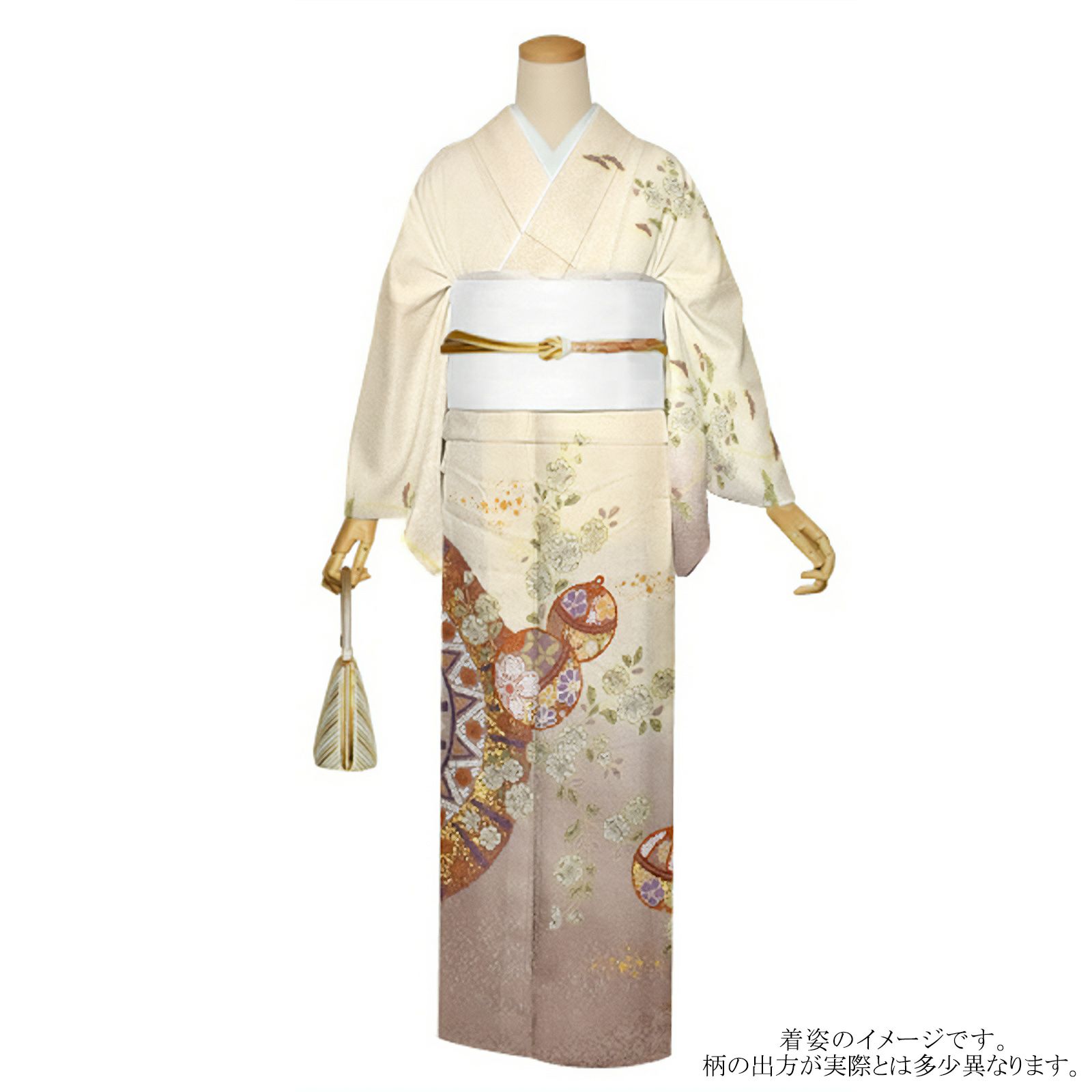 仕立て上がり 訪問着 単品 桂由美 「象牙色 辻が花に松、鈴」 正絹  