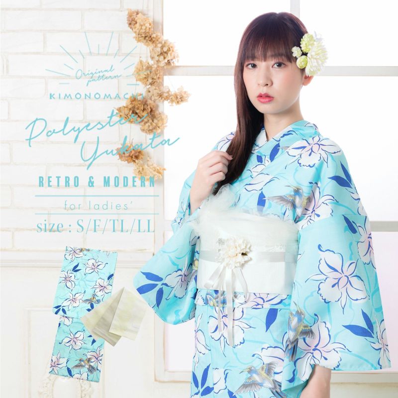 KIMONOMACHI オリジナル 浴衣 2点セット (浴衣＋半幅帯)「水色 ハチドリと花」吸汗速乾ポリエステル浴衣と帯のセット CALCULO サイズS/F/TL/LL レトロモダン 花火大会 夏祭り 女性浴衣 女性ゆかた 夏着物
