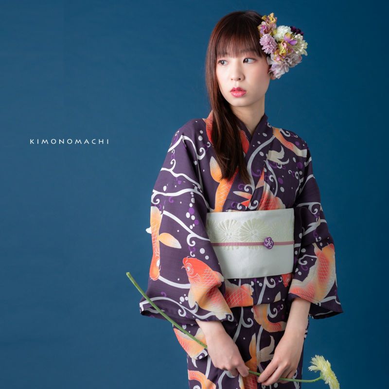 KIMONOMACHI オリジナル 浴衣 2点セット (浴衣＋半幅帯)「紫紺色 鯉 