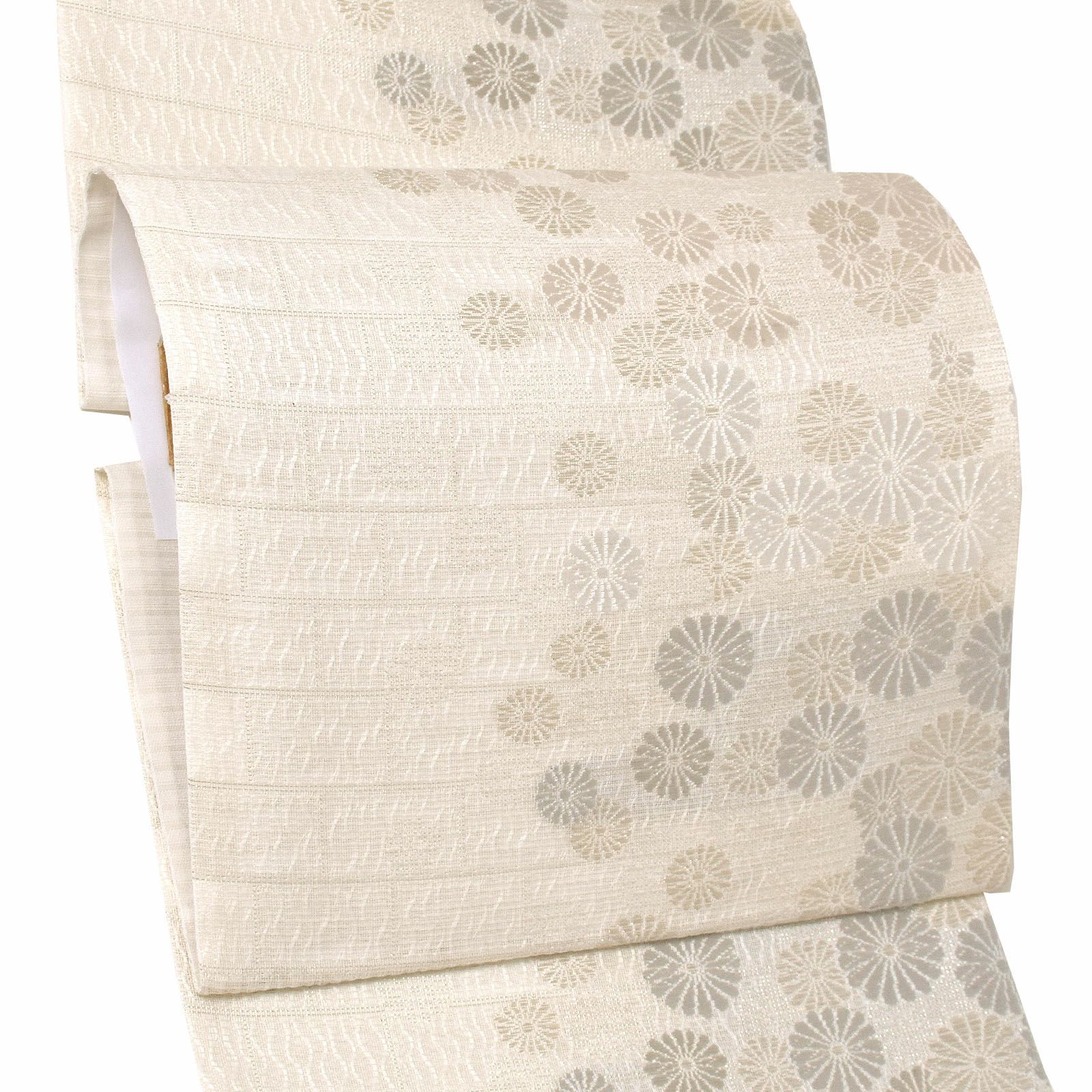 夏袋帯「アイボリー 石畳に菊」未仕立て 絽織 正絹 六通柄 大光株式 