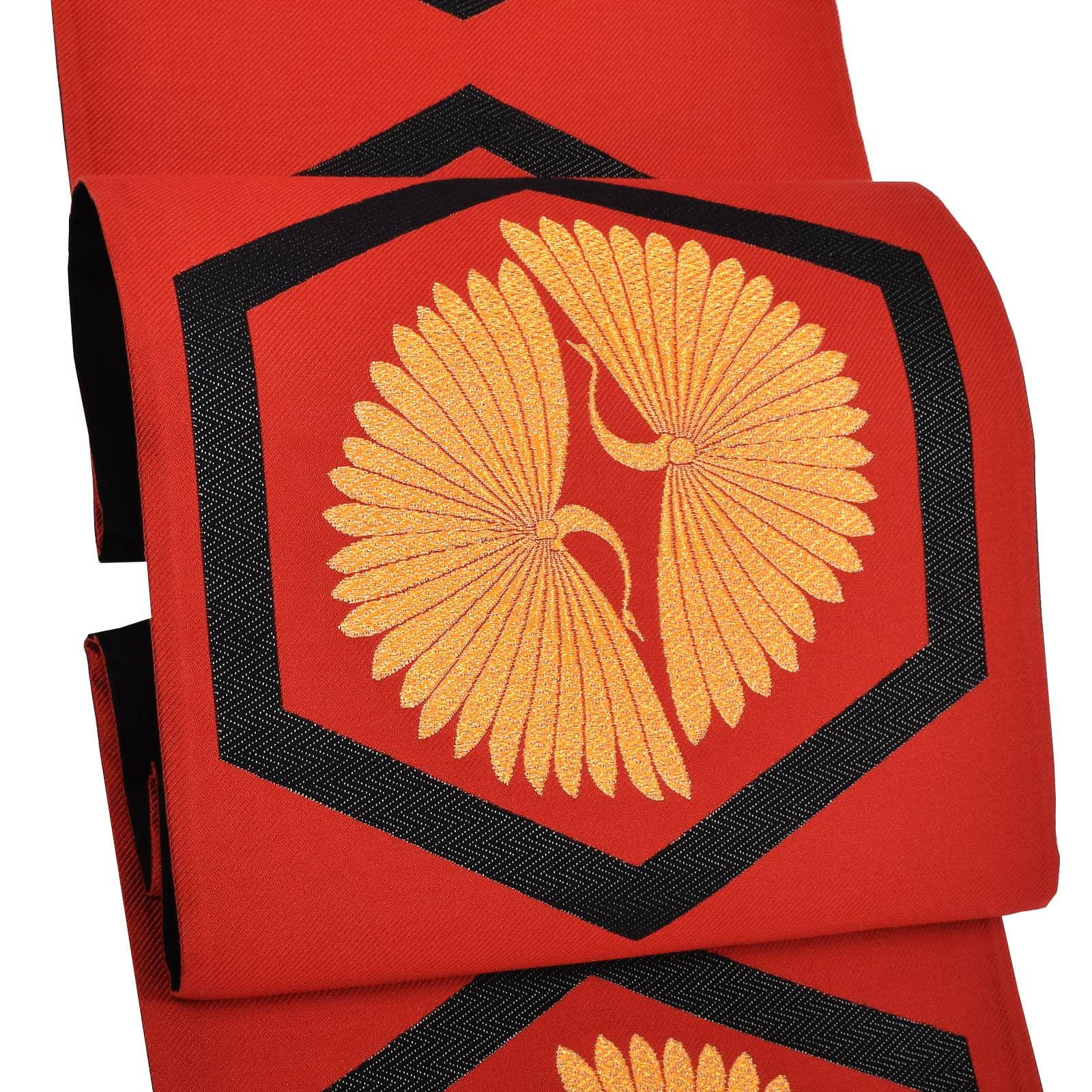 【中古品】仕立上がり 振袖用 袋帯 単品「朱赤　亀甲文に向かい鶴」仕立て上がり 振袖用 礼装用袋帯 六通柄 成人式 貸衣装処分 レンタル処分品