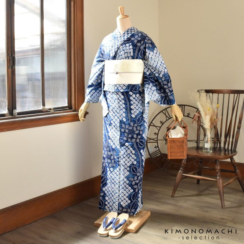 お仕立て上がり絞り浴衣単品「ガールあじさい 紺かけ」有松絞り