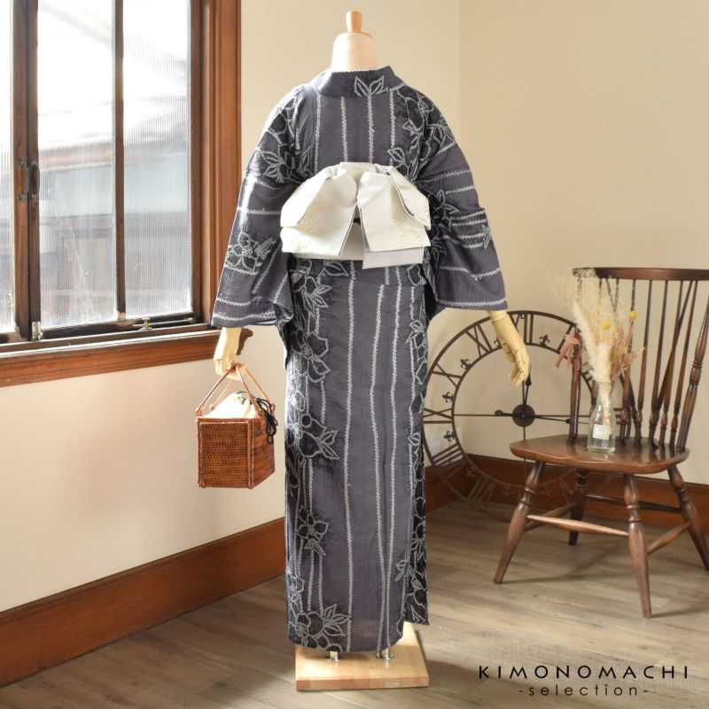 お仕立て上がり絞り浴衣単品「スイトピー 墨色」有松絞り 女性