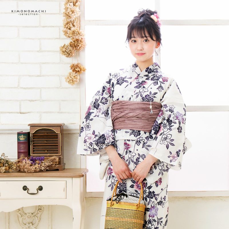 浴衣 レディース 女性浴衣単品「白地 紫紺、露芝に椿 3IS-11」綿