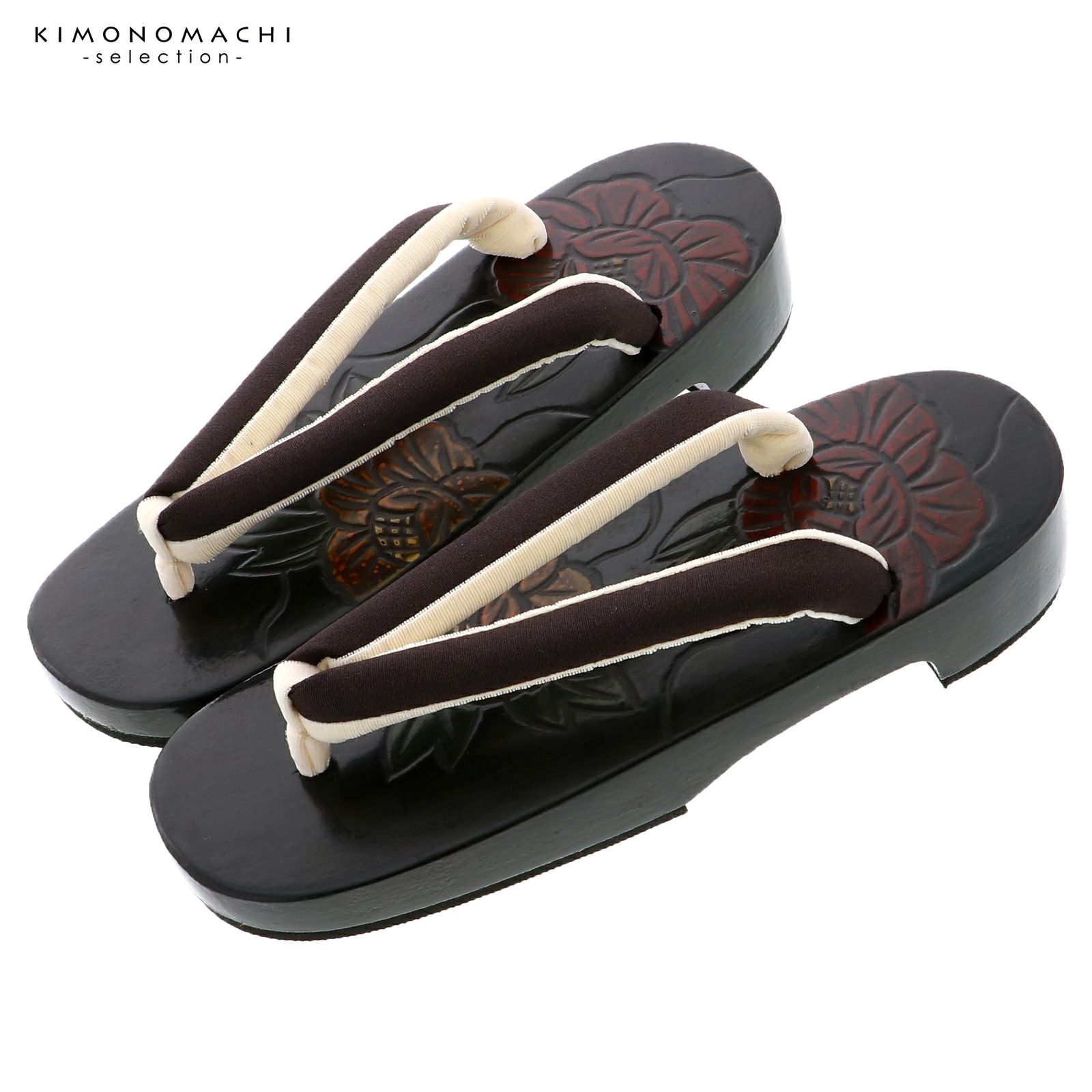下駄 レディース 単品「牡丹　こげ茶、無地」女性下駄単品 痛くなりにくい 日本製 鎌倉彫高級下駄 女下駄 女性 桐下駄 履物 浴衣 夏着物 浴衣下駄