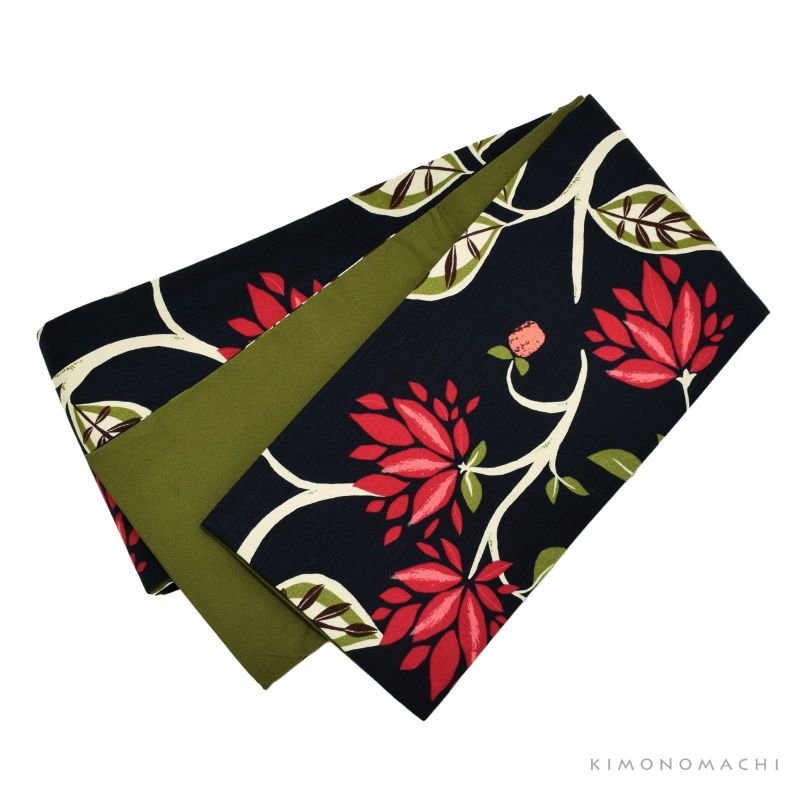 一年を通じて！綿×麻　半巾帯 木綿半幅帯「ネイビーブラック モダンフラワー」日本製 KIMONOMACHI